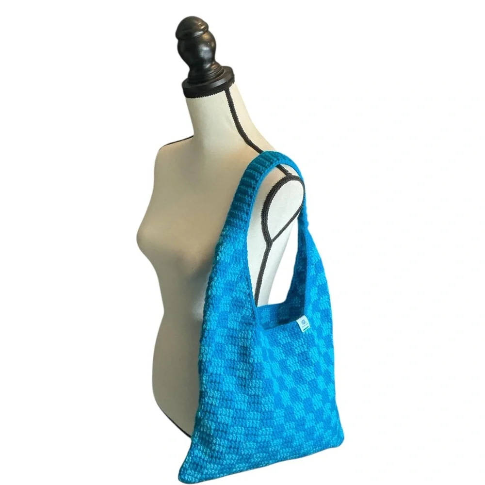 Handmade Sapphire & Cyan Blue Checker Checkerboard Crochet‎ Shoulder Tote Bag